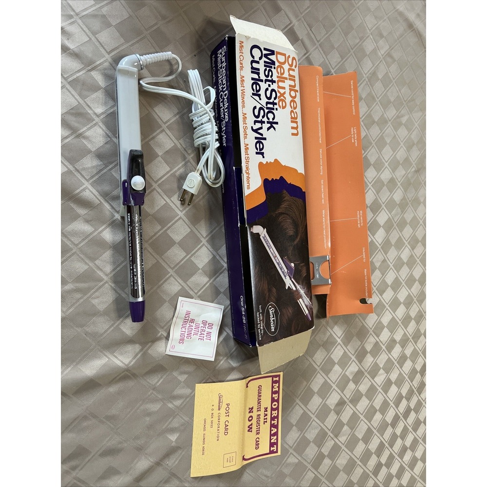 SUNBEAM MIST STICK CURLER STYLER 54-28 WC2 1973 EUC Vintage Warranty Card Tested